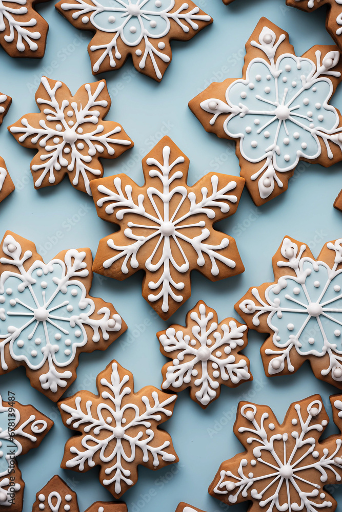 A pattern of Christmas gingerbread cookies with snowflake icing A pattern of Christmas gingerbread cookies with snowflake icing