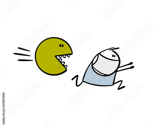 Scared cartoon stickman in medical mask runs in horror from funny monster of covid virus. Vector illustration of man taking care of his health, observing rules.