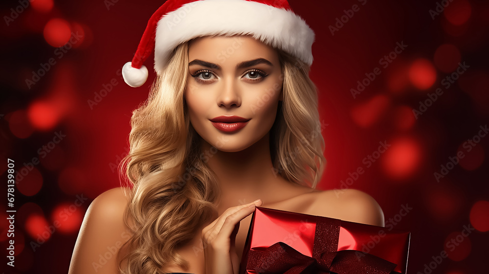 Beautiful young woman in santa hat with christmas gift isolated on red background. Winter New Year website header. Beautiful young woman in santa hat with christmas gift isolated on red background. Winter New Year website header.