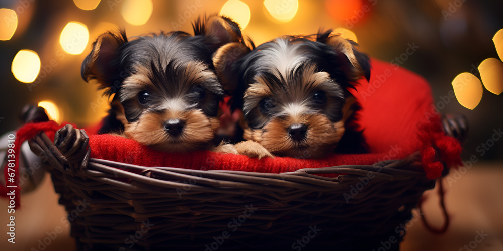 yorkshire terrier puppy.Puppy Paradise: French Bulldogs in a Christmas Basket,AI Generative 