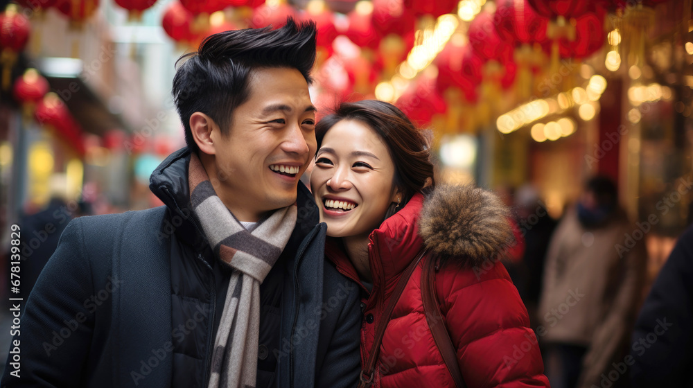 Portrait of Chinese couple with Chinese traditional clothing, on Chinese new year street Portrait of Chinese couple with Chinese traditional clothing, on Chinese new year street