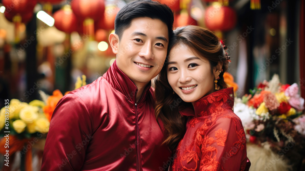 Portrait of Chinese couple with Chinese traditional clothing, on Chinese new year street Portrait of Chinese couple with Chinese traditional clothing, on Chinese new year street