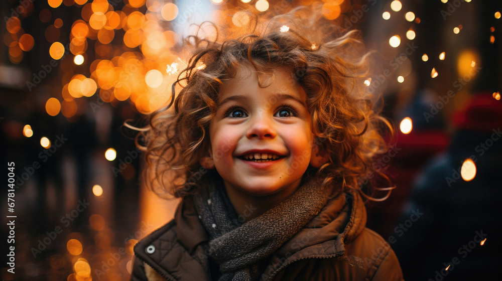 Portrait of a cute little girl with curly hair on the background of Christmas lights. Portrait of a cute little girl with curly hair on the background of Christmas lights.