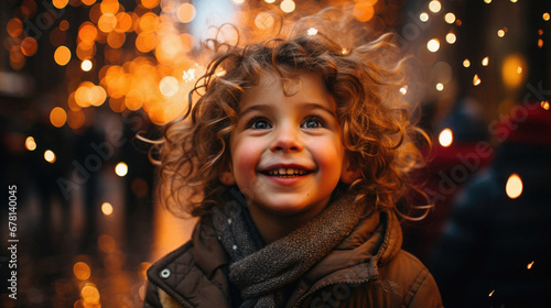 Portrait of a cute little girl with curly hair on the background of Christmas lights.