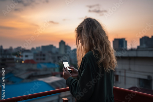 rear view of Woman using mobile phone at rooftop during sunset with copy space, communication or lonely people concept