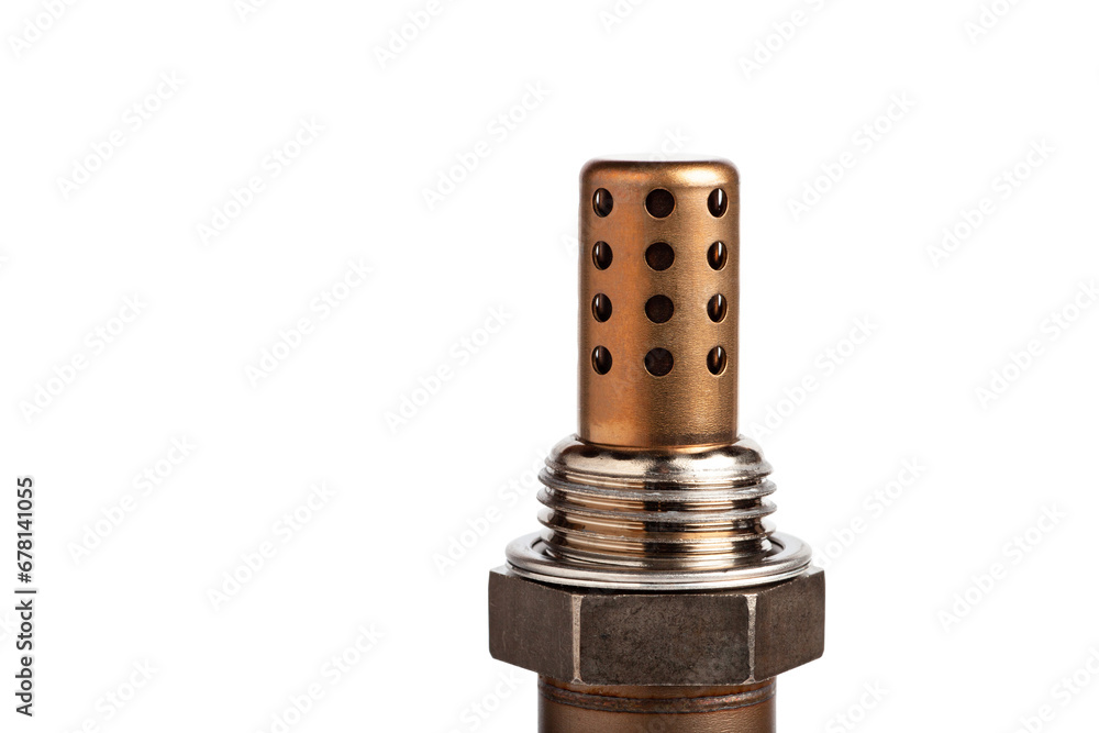 Oxygen sensor close up for gasoline and diesel engines isolated on white background. lambda probe is reliable component to optimize your car's performance Oxygen sensor close up for gasoline and diesel engines isolated on white background. lambda probe is reliable component to optimize your car's performance