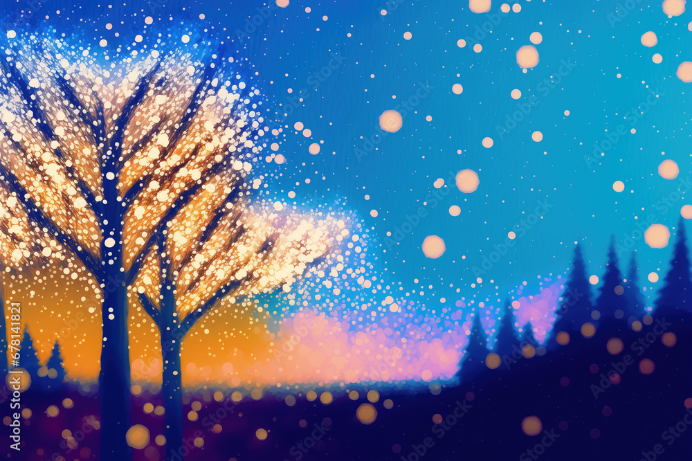 Naklejka premium Christmas greeting card background watercolor like illustration - cold winter's night with twinkling starry sky and blurred snowflakes falling on the snow.