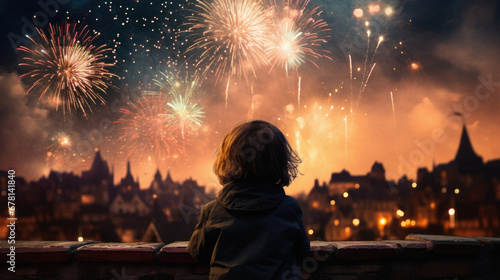 Little boy watching fireworks over the old town of Prague, Czech Republic.