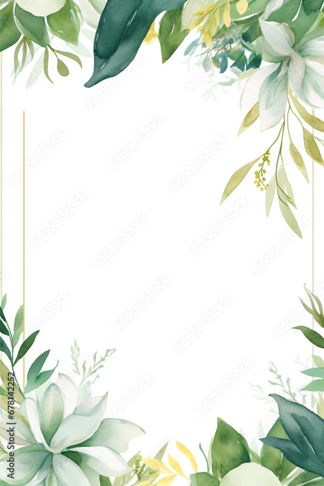 Watercolor floral frame with green leaves, branches and flowers. Perfect for invitations, greeting cards, blogs, posters. Watercolor floral frame with green leaves, branches and succulents. Wedding in - obrazy, fototapety, plakaty 
