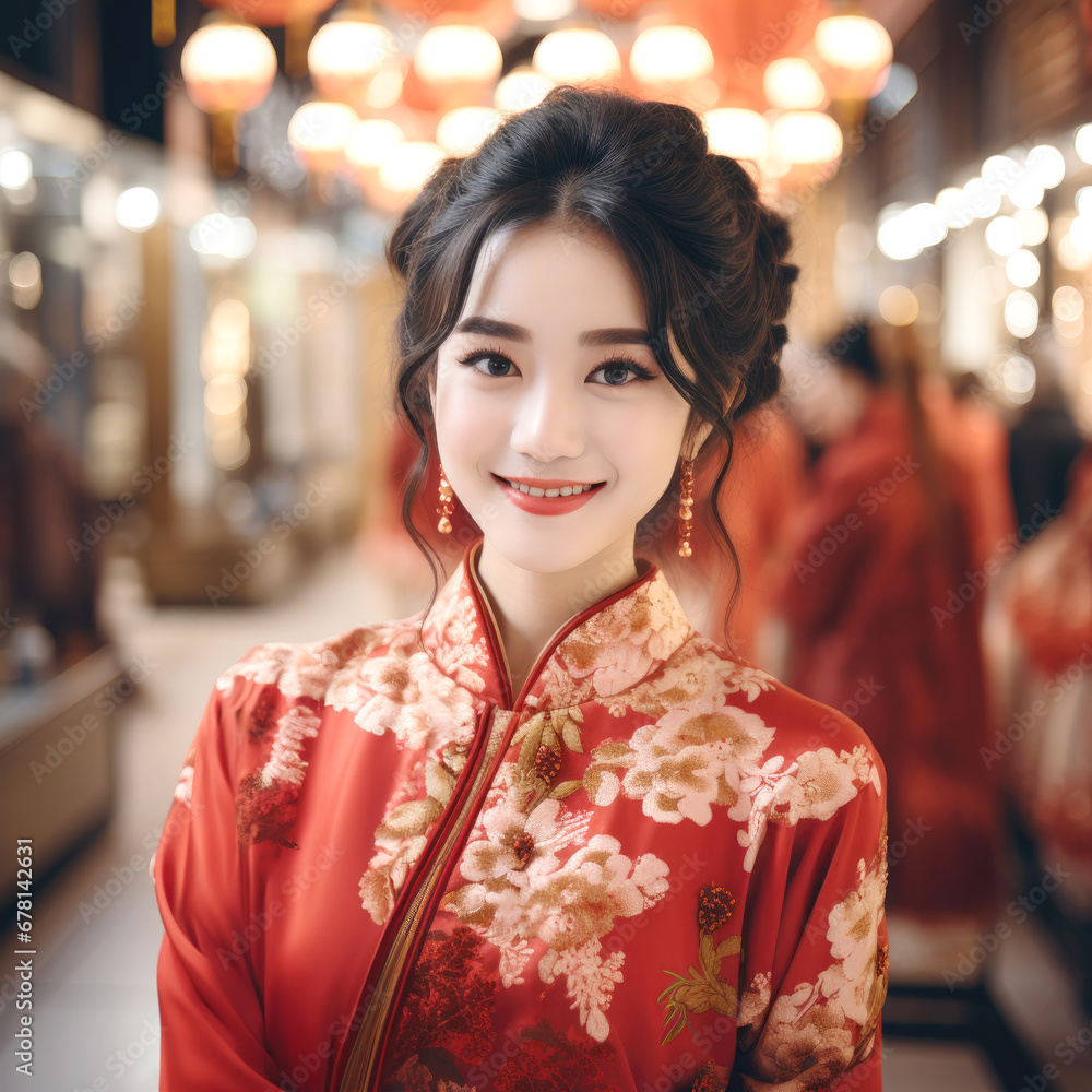 Smiling Chinese girl with Chinese traditional clothing on Chinese new year traditional festival background