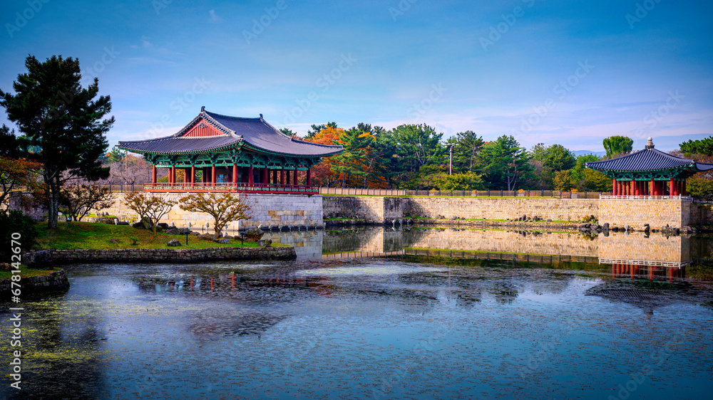 Naklejka premium Gyeongju City Landmark Heritage Site in South Korea, of Donggung Palace, Wolji Pond and Anapji Park with traditional Korean architecture and garden