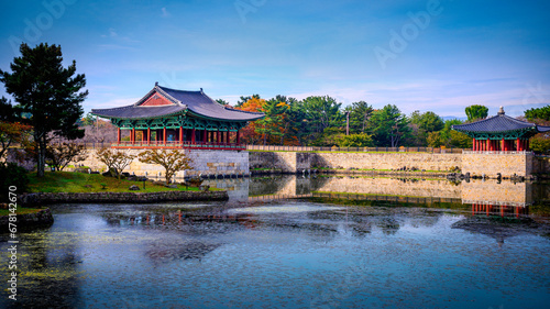 Gyeongju City Landmark Heritage Site in South Korea  of Donggung Palace  Wolji Pond and Anapji Park with traditional Korean architecture and garden