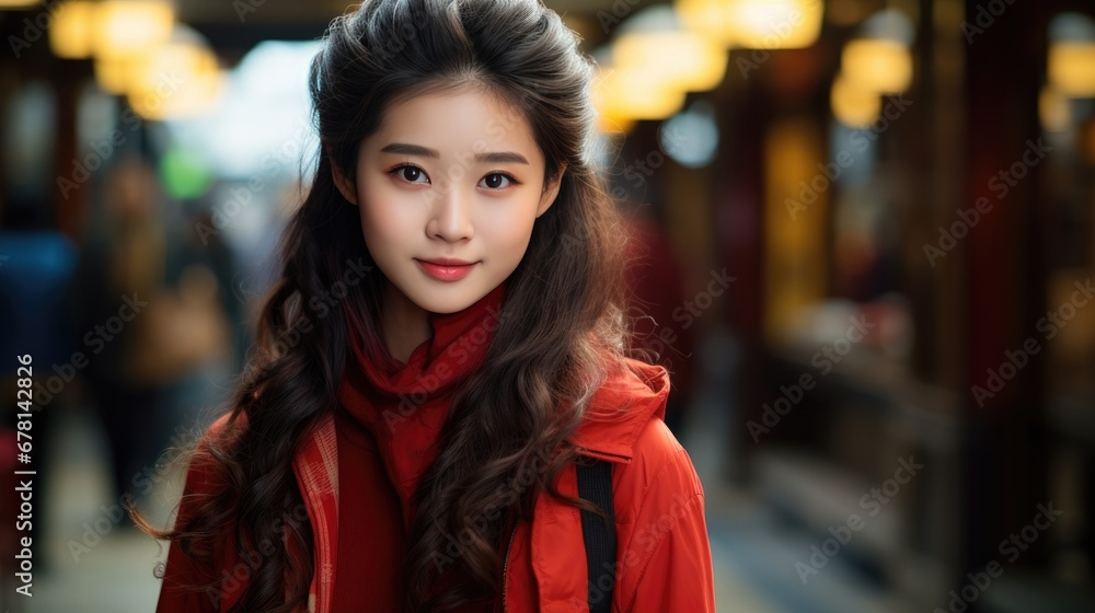 Smiling Chinese girl with Chinese traditional clothing on Chinese traditional blur background