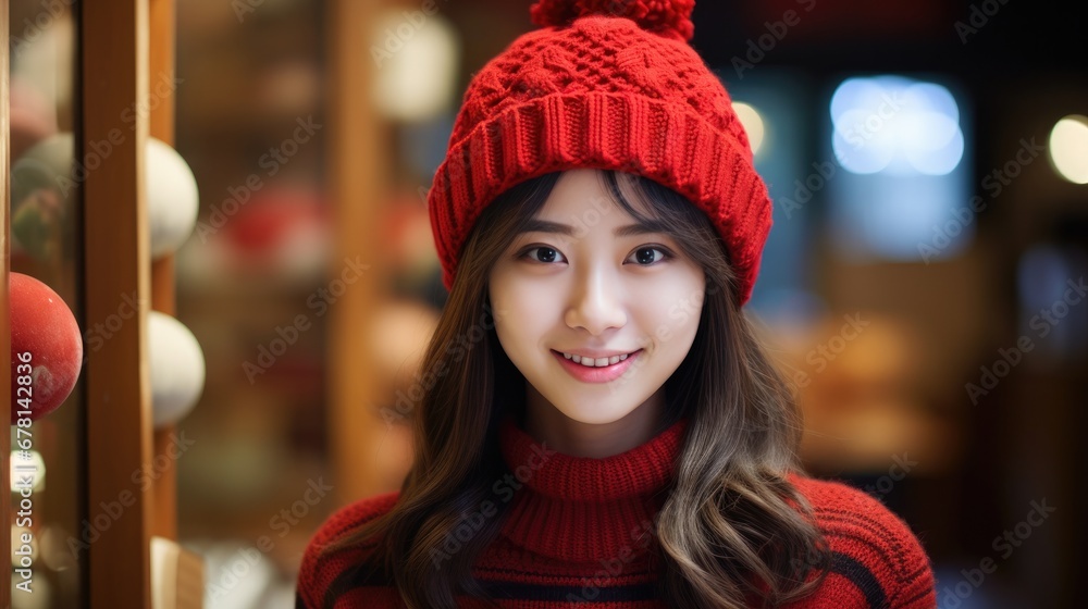 Smiling Chinese girl with Chinese traditional clothing on Chinese traditional blur background Smiling Chinese girl with Chinese traditional clothing on Chinese traditional blur background