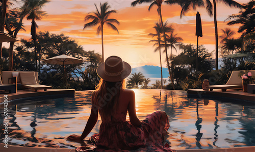 Rear back view single woman in hat and summer dress welcoming sunset seated on poolside, enjoy evening light and view to exotic tropical nature on holidays in luxury resort. Vacation, travel concept