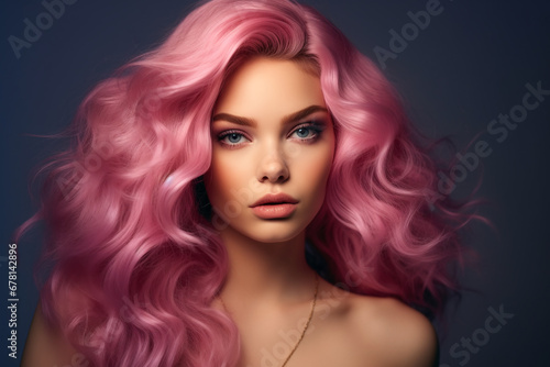 Beautiful young woman with pink hair. Perfect makeup. Fashion photo.  curly hair. pink curly hair. Beauty  fashion.