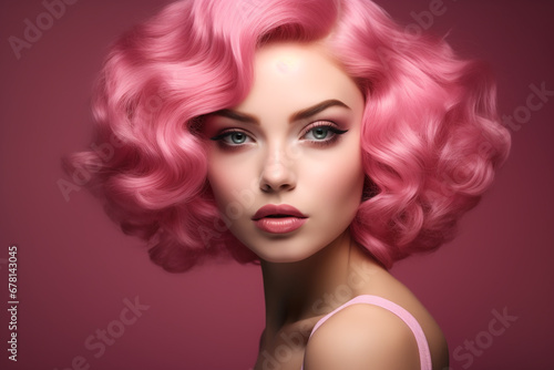 Beautiful young woman with pink hair. Perfect makeup. Fashion photo. curly hair. pink curly hair. Beauty, fashion.