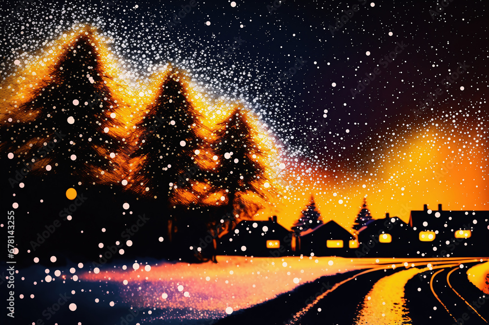 Christmas greeting card background watercolor like illustration - cold winter's night with twinkling starry sky and blurred snowflakes falling on the snow.