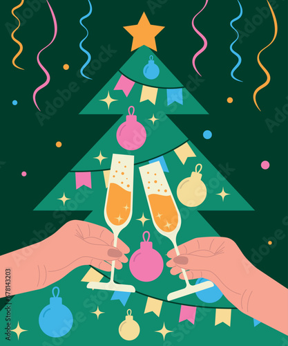 Celebrate The New Year. Hands hold glasses of champagne near the Christmas tree. Vector.