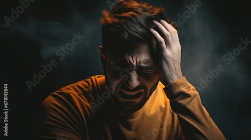 Young male holding his head in dark background. Headache and tiredness. Depressive state. Poor health and symptoms of a cold