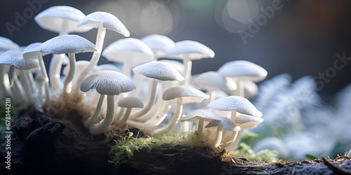 A cluster of white mushrooms on a mossy forest floor Nature's Hidden Gems Unveiling the Beauty of a Mossy Forest Floor Adorned with a Cluster of Delicate White Mushrooms AI Generative 