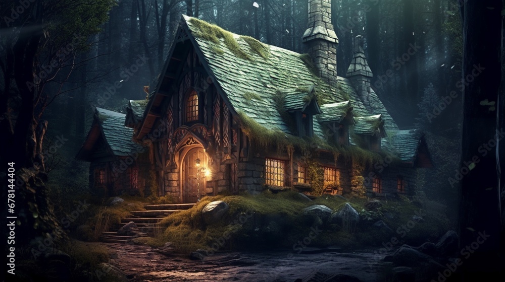 Fantasy old house garden night ancient photography image