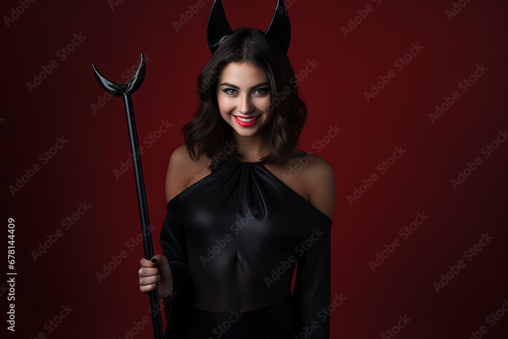 Mysterious Devil Woman in Black Costume with Pitchfork on Red Background Mysterious Devil Woman in Black Costume with Pitchfork on Red Background