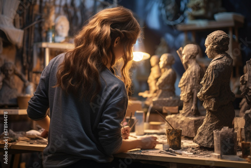 rear view of Young Female Sculptor is working in her studio, aesthetic look