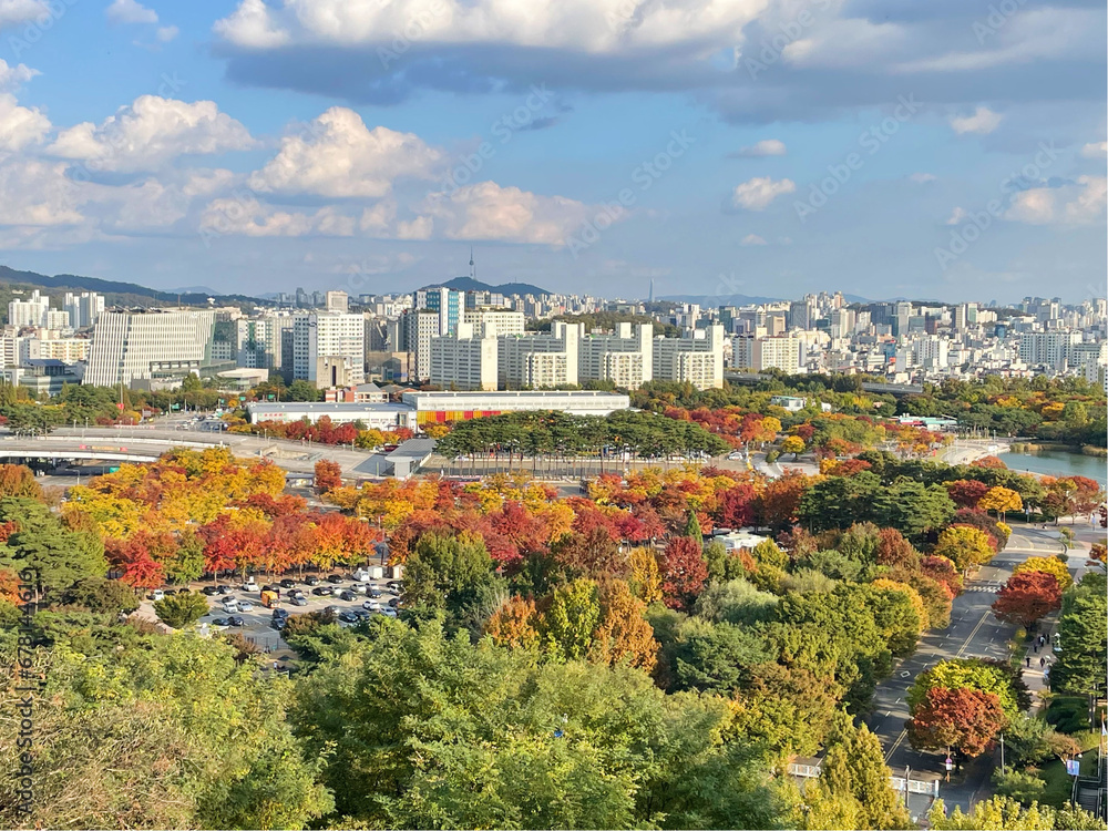 Aerial view of world cup park and world cup stadium in autumn season with skyscrapers and modern buildings cityscape, Haneul Park, Seoul city, Republic of Korea