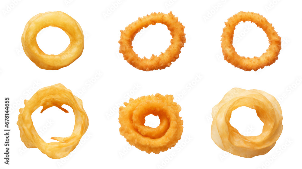Collection set of fried onion rings isolated on transparent background