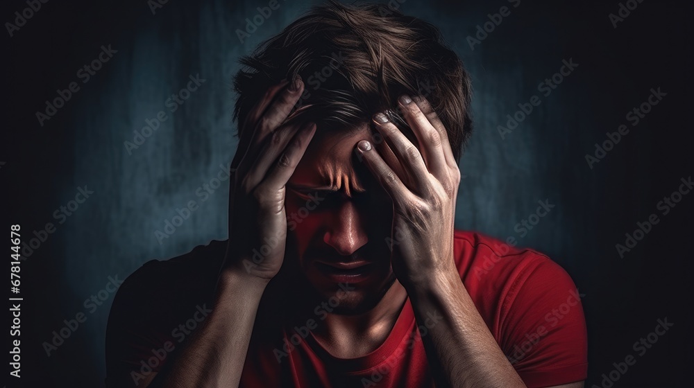 Young male holding his head in dark background. Headache and tiredness. Depressive state. Poor health and symptoms of a cold Young male holding his head in dark background. Headache and tiredness. Depressive state. Poor health and symptoms of a cold