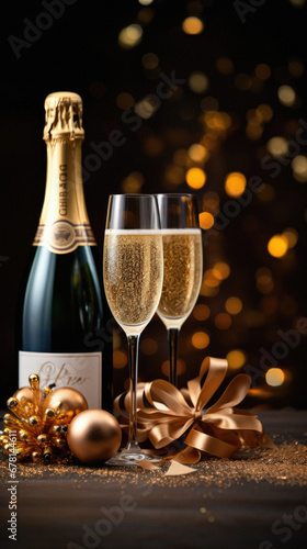 Two glasses of champagne and christmas decorations on bokeh background.
