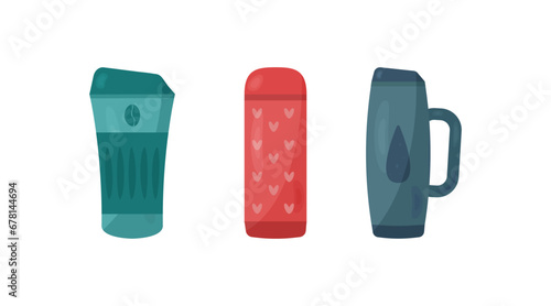 Set of vector thermoses and thermal mugs in cartoon style. Turquoise, red, dark blue. The concept of walking, travel, hiking, sports, fitness. Vector illustration isolated on white background.