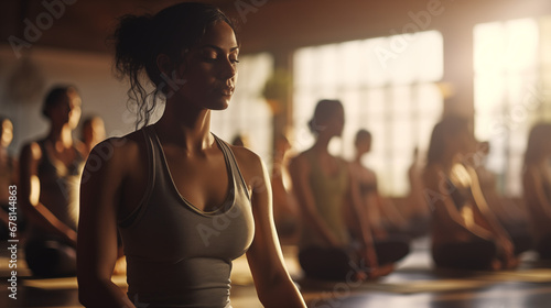 Harmony in Nature's Glow: Yoga Class in a Natural Light-Filled Space, silhouette of a relaxed woman