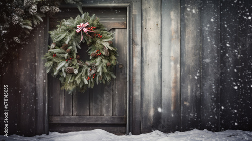 A traditional Christmas wreath on a wooden door with a snowy background, capturing the holiday essence in high-resolution