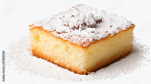 Yogurt cake with powdered sugar on white background