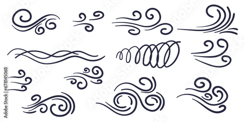 Comics style doodle wind motion collection. Hand drawn vector illustration set