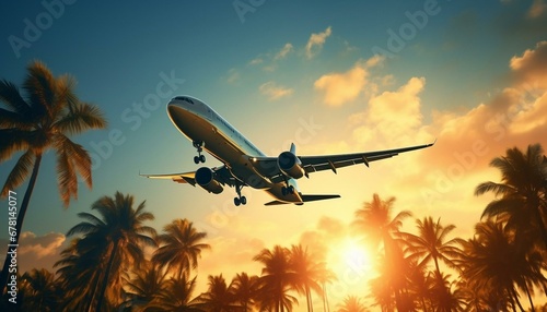 Airplane on a tropical sunset with palm trees 