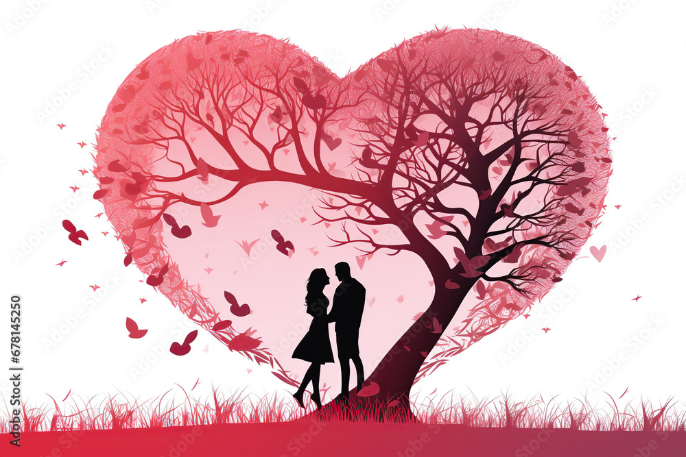 Valentine's Day background with a heart-shaped tree and couple. 