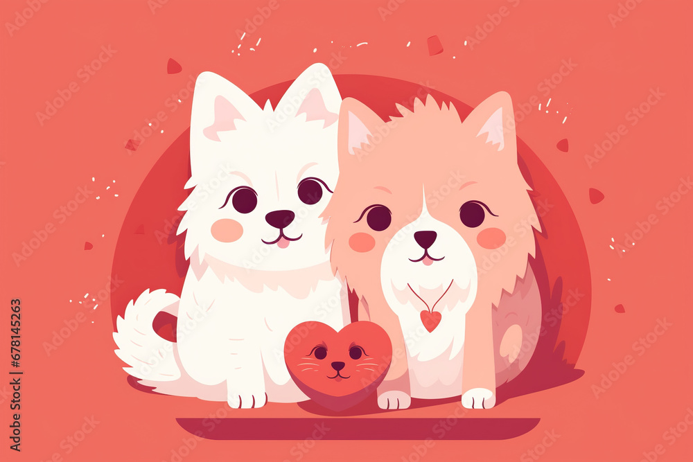 Cute cartoon dog and cat holding a red heart on a red background. 