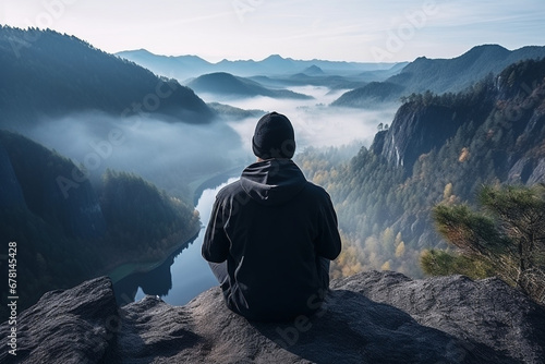 rear view of Young man in black sportswear is sitting on cliff's edge and looking to misty valley bellow, soft light photography