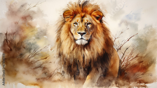 Lion in the wild. Watercolor painting © thodonal