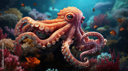Magnificent octopus among the underwater picturesque landscape with marine life.