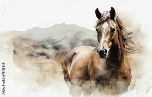 Watercolor painting of a horse in the mountains.