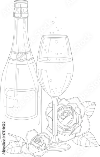 Realistic bottle of champagne and glass with rose flowers sketch template. Graphic cartoon vector illustration in black and white for game, background, pattern, decor. Coloring paper, page, story book