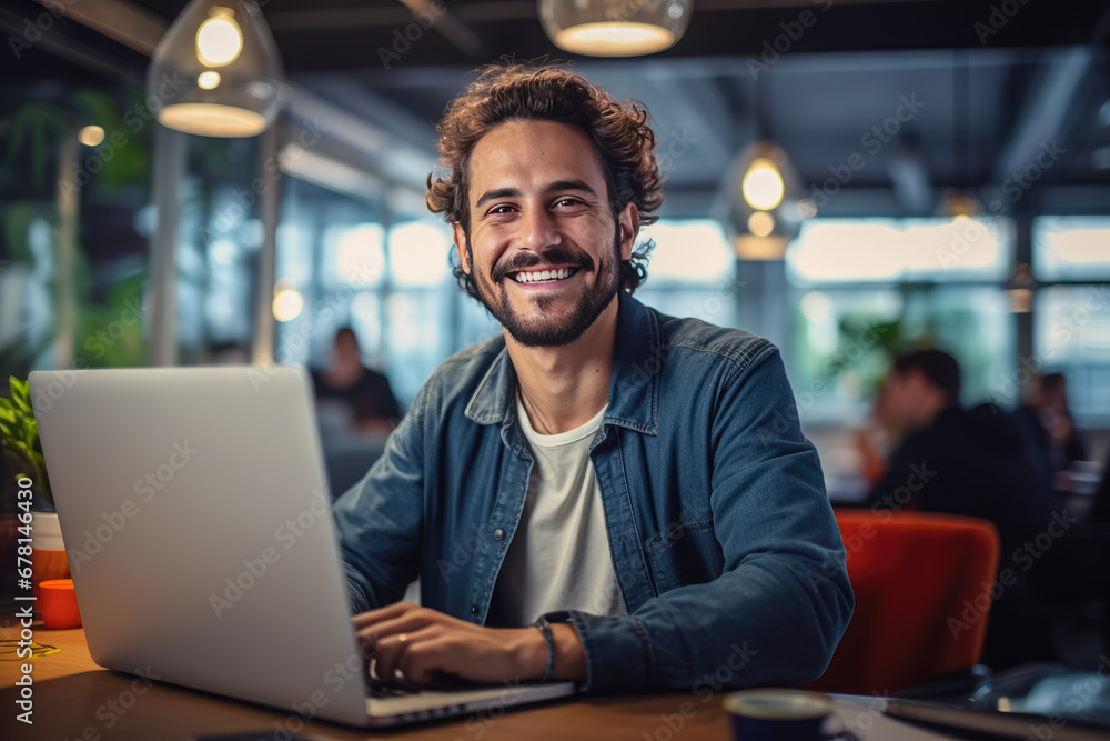 Naklejka premium Portrait of attractive smiling man sitting in office and looking at camera..