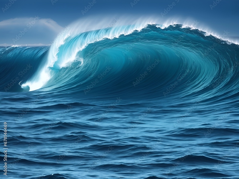 Big blue waves in ocean. AI generated illustration
