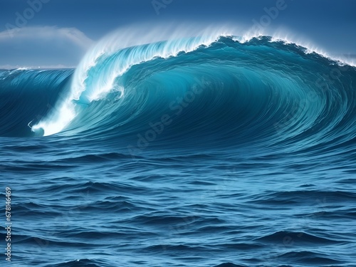 Big blue waves in ocean. AI generated illustration © vector_master