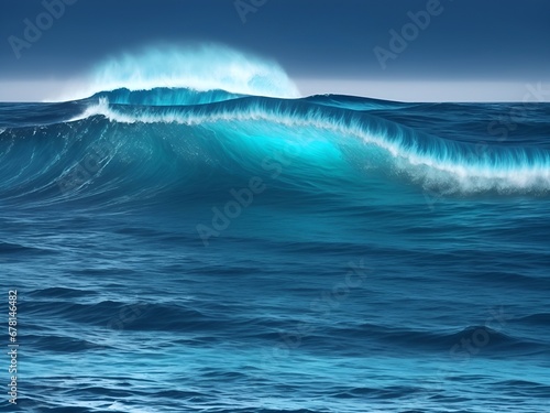 Big blue waves in ocean. AI generated illustration