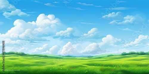 Blissful Green Meadow Under Blue Skies, Generative AI